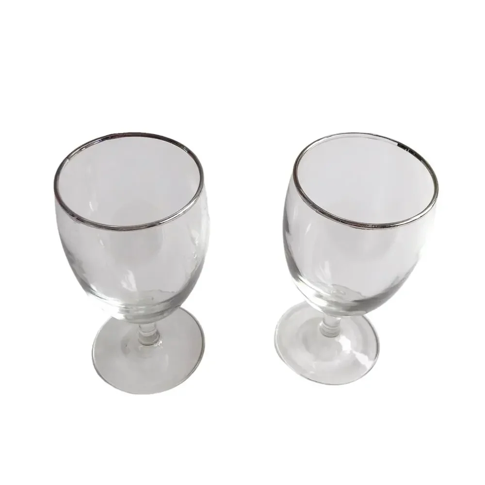 Footed Water Glasses Set of 2 Goblets Silver Rimmed Clear Stemmed Drinking Glass